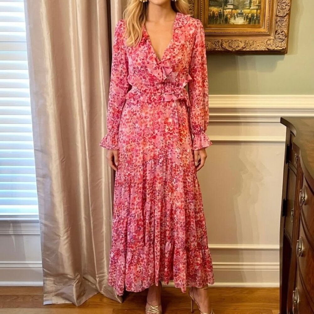 $430 NWT MISA Los Angeles Amelia Midi Dress in Pink Del Rio Floral Size SMALL
